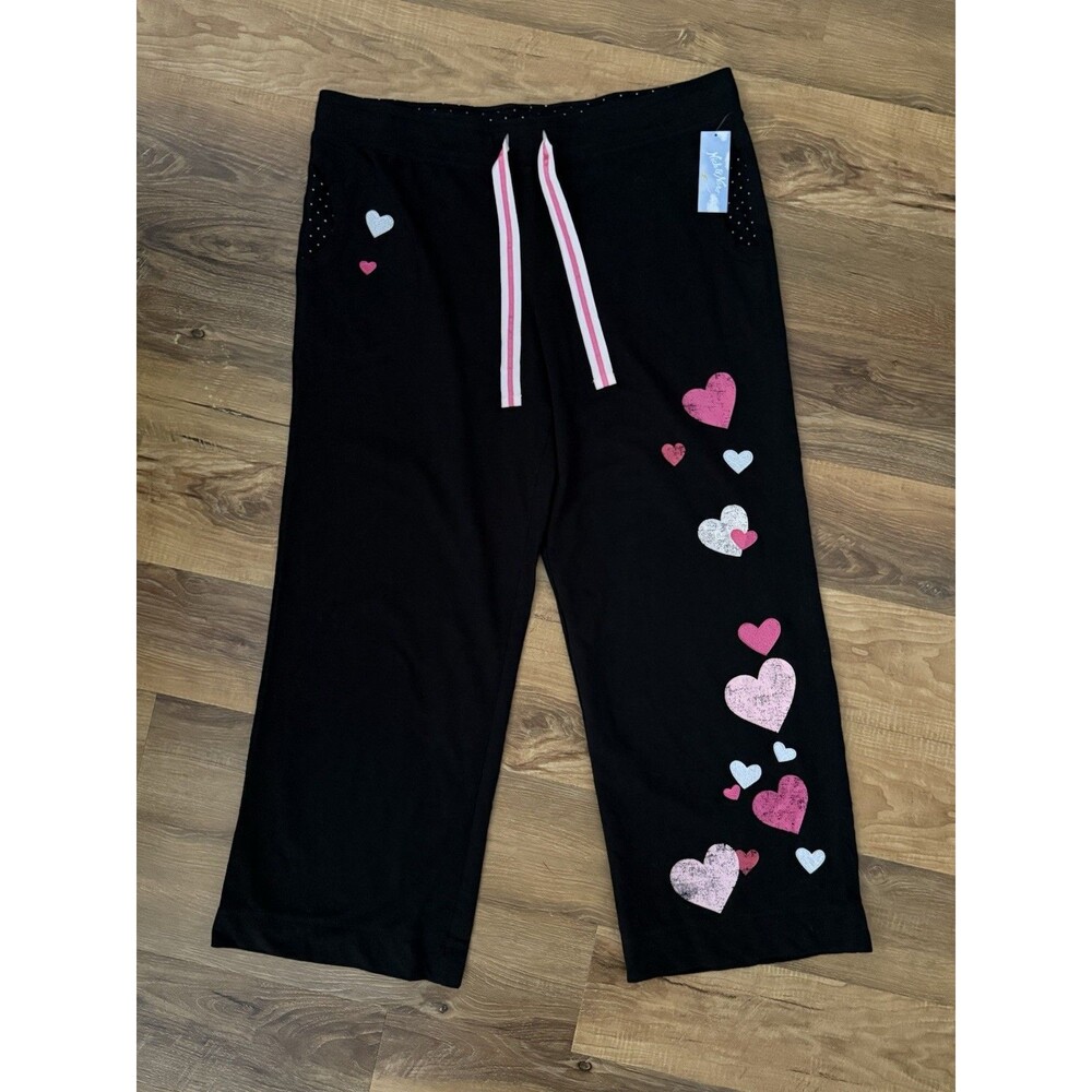 NWT Nick & Nora Lounge Pajama Pants Black Plus XXL Hearts Of Hearts Embroidered